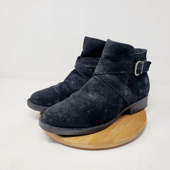 Born Ankle Boots Womens 9 Trinculo Black Suede Comfort Buckle Strap Moto Bootie - Picture 2 of 12